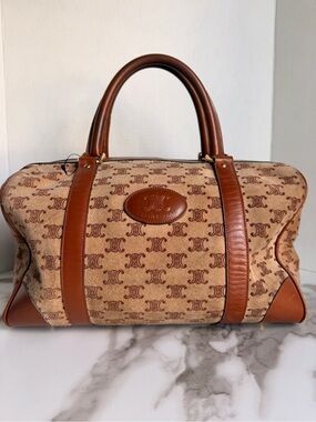 Authentic CELINE Blason pattern Suede Handbag Bostonbag Beige Vintage w/COA